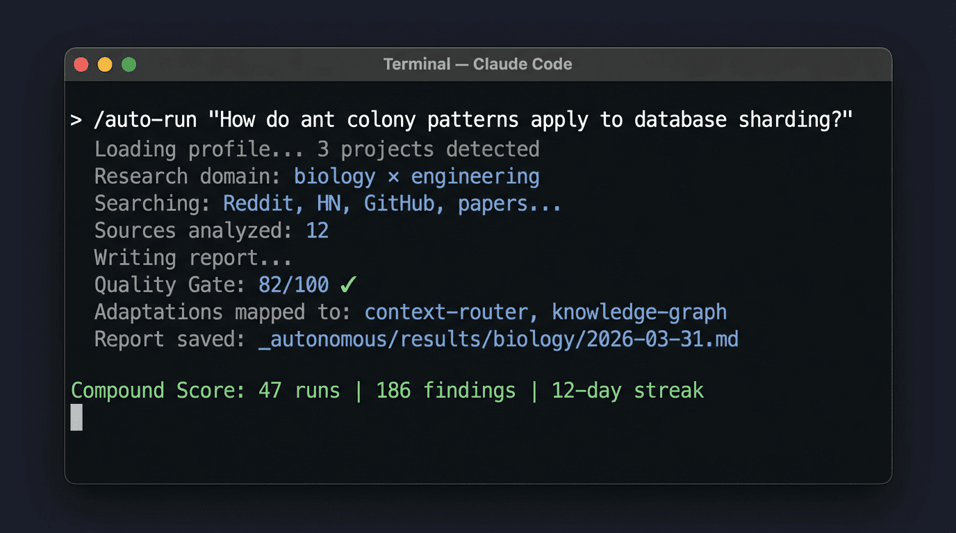 Claude Code adaptive research terminal output showing auto-run command with quality gate score, personalized adaptations, and compound learning streak