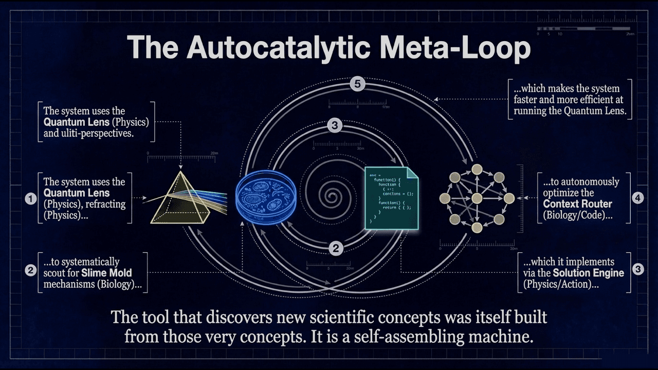 The Autocatalytic Meta-Loop showing a spiral of 5 steps: Quantum Lens deconstructs, discovers Slime Mold mechanisms, Solution Engine implements, Context Router optimizes, system becomes more efficient at running Quantum Lens
