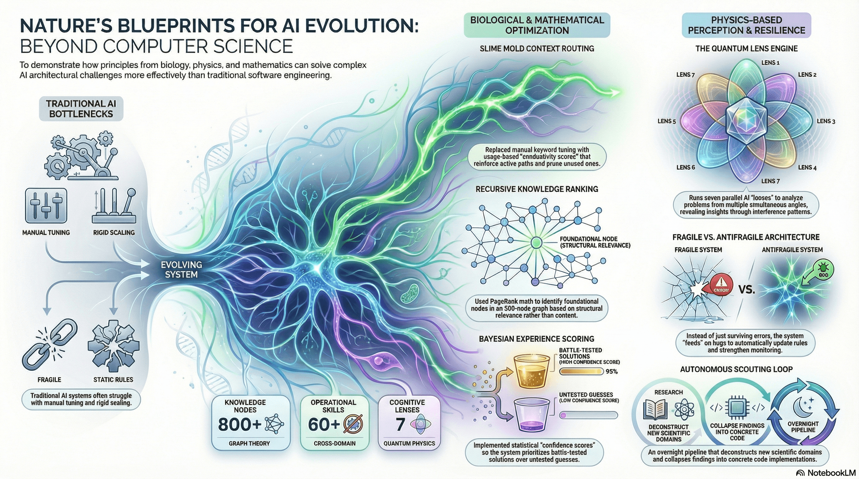 Nature's Blueprints for AI Evolution - complete system overview showing biological optimization, physics-based perception, Bayesian scoring, antifragile architecture, and the autonomous scouting loop