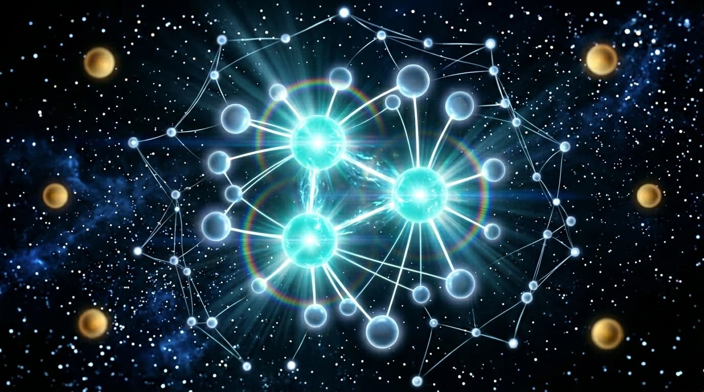 Holographic knowledge graph visualization showing large bright hub nodes at the center representing foundational knowledge, and dim amber nodes at the edges representing archive candidates